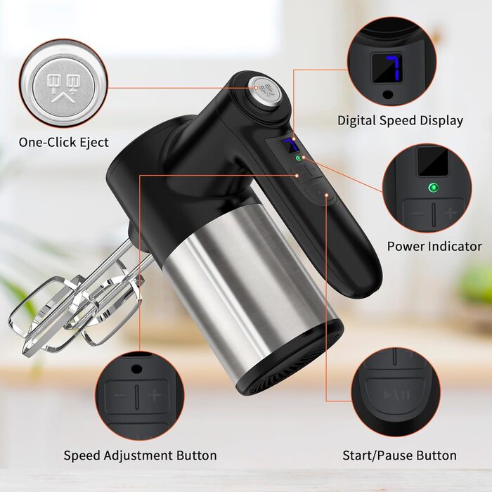 Бездротовий міксер з цифровим дисплеєм, 7 швидкостей, акумуляторний, з 6 насадками з нержавіючої сталі (міксер, вінчик, гачок для тіста) та підставкою для зберігання