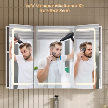 Дзеркало-шафка для ванної кімнати з LED-підсвічуванням, розеткою та 3 колірними температурами. Ванна шафка 60x90x16 см (ВxШxГ), з регулюванням яскравості + сенсорне керування. Біла дзеркальна шафка з 3 регульованими полицями та дзеркалом 60x90x16 см