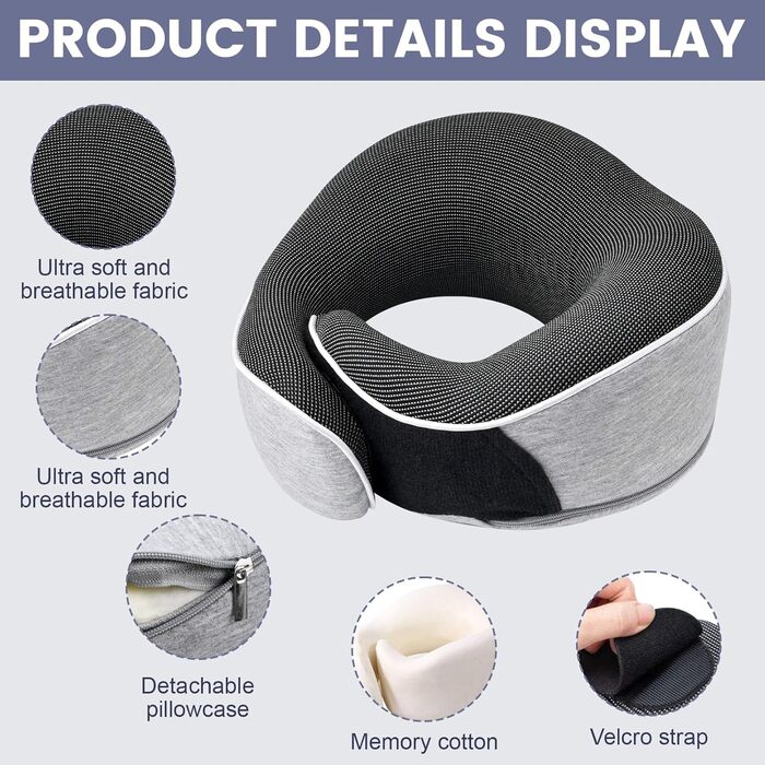 Подушка для шиї Memory Foam, ергономічна, з маскою для очей та навушниками, для подорожей