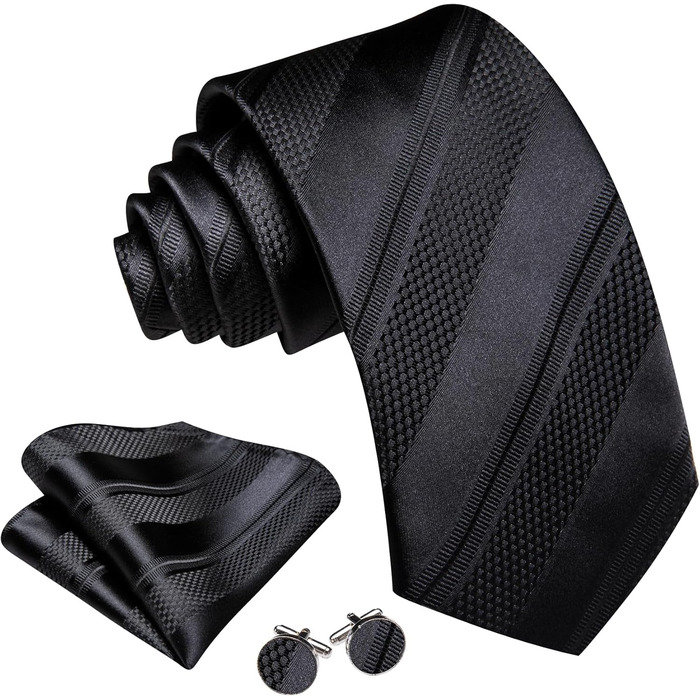 Чоловічий шовковий краватка-набір Barry.Wang з кишеньковою хустинкою та затискачем для запонок, в клітку, для урочистих подій та весілля, чорно-сріблястий