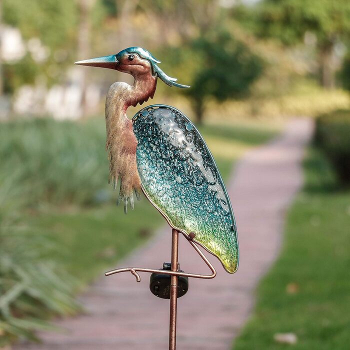 TERESA'S COLLECTIONS Solar Lamps for Outdoors, Outdoor Garden Decor, Grey Heron Garden Statue Solar Light for Outdoors, Metal and Glass Garden Light Waterproof Path Light, for Christmas Gifts