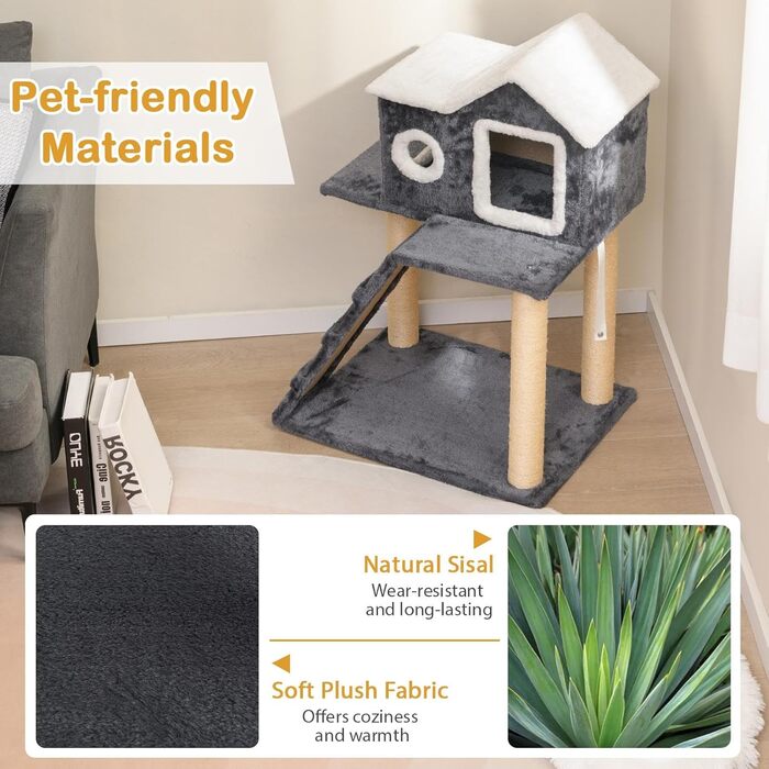 Драбина-кіготь для котів SOARS, 90 см, сірий котячий будиночок з сизалю