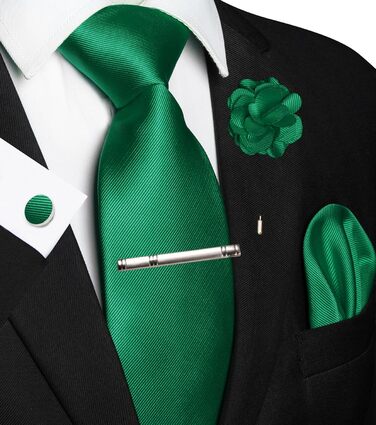 Комплект краватки з твіду JEMYGINS: краватка, кишеньковий платок, запонки, краватену кліпсу, брош. Зелений колір. Для вечірок, бізнесу, весіль.