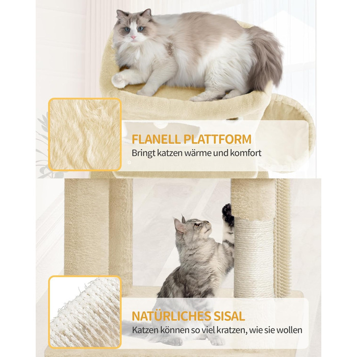 Кігтеточка для котів Hzuaneri XL (203 см) з платформою, печерами, колонами, гамаком та помпонами, бежева