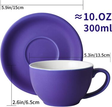 Набір кавових чашок каппучіно Yundu 4 шт. по 300 мл – керамічні чашки з блюдцями, матова палітра темних відтінків для латте-арт та бариста, великий набір мока чашок та блюдцят у змішаних матових кольорах