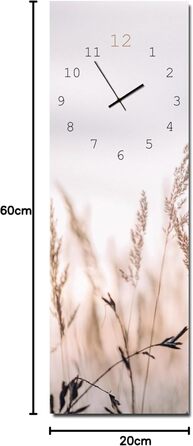 Скляний настінний годинник Calm Grasses 20x60 см безшумний, металеві стрілки, для вітальні та спальні, натуральний дизайн з рослинами, вироблено в ЄС