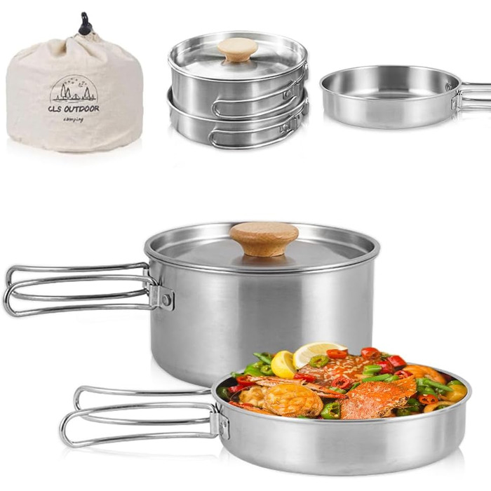 Набір кухонного посуду для кемпінгу Udbrud: нержавіючий посуд з кришкою та складним ручками. Набір для кемпінгу, пікніків, риболовлі та походів