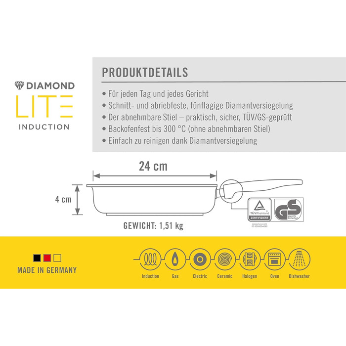 Гриль-сковорода Woll Diamond Lite 24x24 см з рифленням, знімна ручка, алюмінієвий литий корпус, антипригарне покриття, для індукції та всіх плит, підходить для духовки