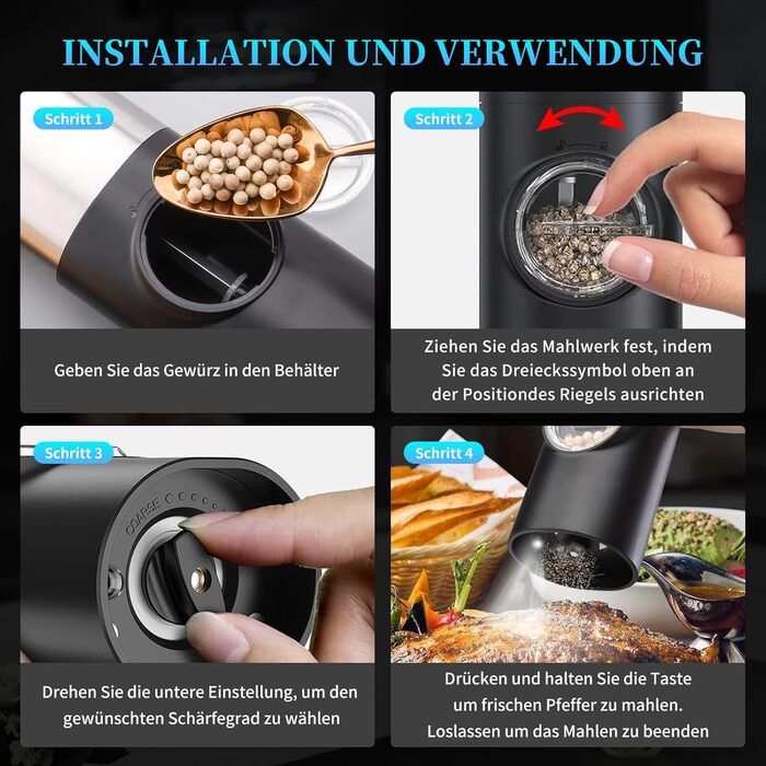 Electric Salt and Pepper Grinder Set, Rechargeable, USB Charging Station, Automatic Pepper and Salt Grinder Spice Grinder Refillable, One-Hand Operation, Adjustable Coarseness, LED Light