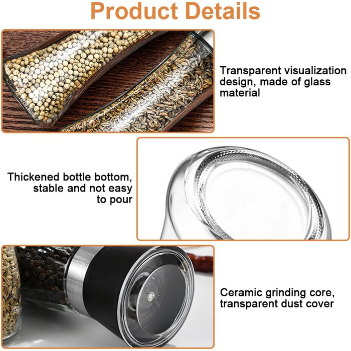 Набір з 2 шт. мельниць для перцю та солі, регульована ступінь помелу, керамічний механізм, прозоре скло та нержавіюча сталь, підходить для перцю, солі та чилі
