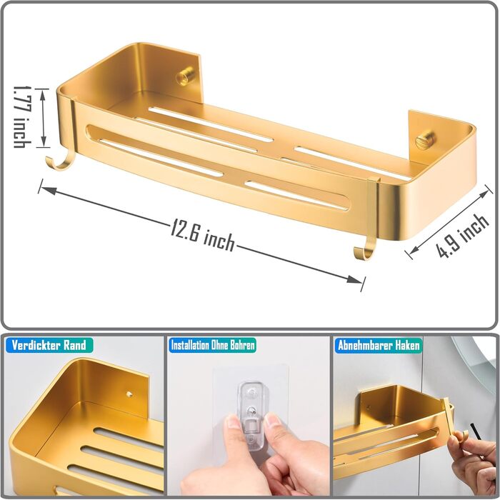Shower Shelf No Drilling, Shower Rack Champagne Gold Bathroom Organizer with Hooks Wall Shelf for Bathroom Shower Basket, Bathroom Shelf for Toilet, Laundry Room and Shower Room, Aluminum Bathroom Shelf (2 Pack)