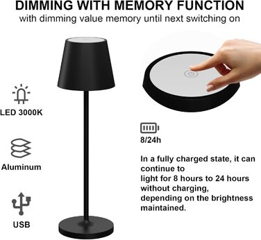 LED акумуляторні настільні лампи Klighten (2 шт.), диммування, для дому та вулиці, USB зарядка, 3000K, IP54, алюміній (чорний)