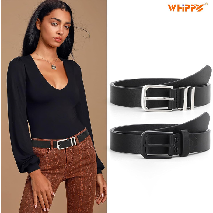 Ремінь шкіряний WHIPPY жіночий та чоловічий, срібна пряжка, для джинсів та штанів, чорний (M: 76-90 см, довжина 110 см)