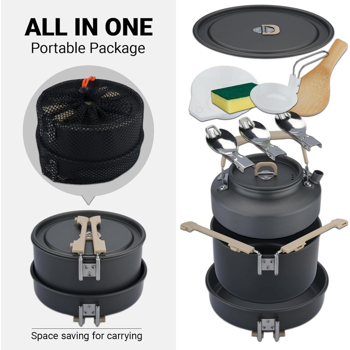 Набір посуду для кемпінгу ISFORU на 2-3 особи, 13 предметів: антипригарні каструлі та сковорідки, посуд для приготування їжі з котелком, пластикові миски та аксесуари. Компактний набір для пікніків, походів та кемпінгу.