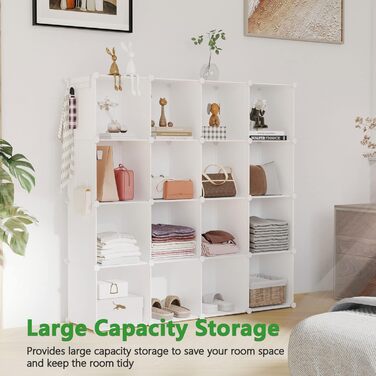 C&AHOME Cube Storage Shelves, 16-Cube Unit, Closet Organizer, DIY Plastic Modular Shelves, Ideal for Bedroom, Living Room, Office, 122 cm L x 31 cm W x 122 cm H, Opaque White, UPCS16M