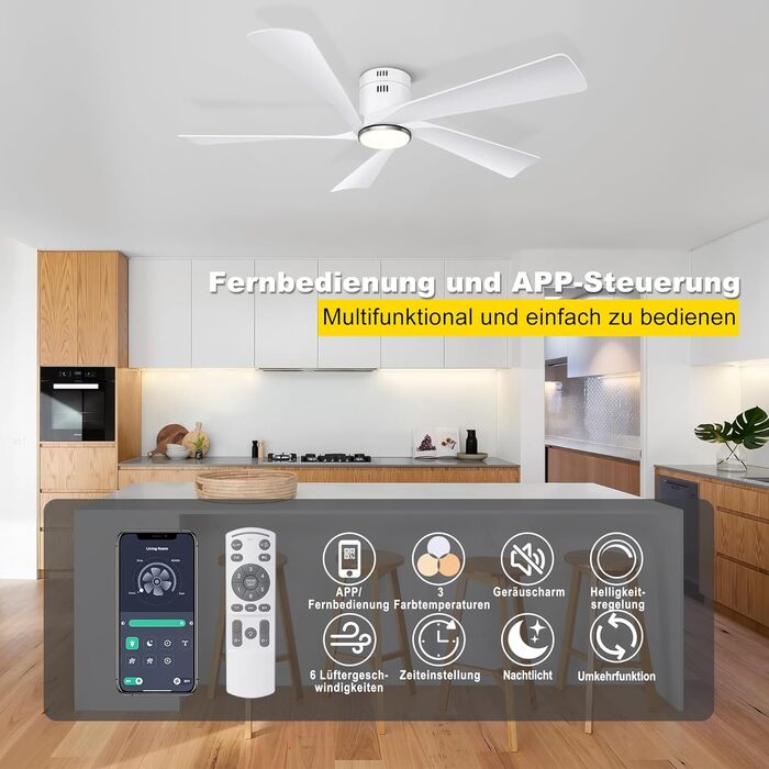 Deckenventilлятор Ohniyou 132 см (52 дюйми) з освітленням, пультом ДУ та керуванням через додаток, регульована яскравість, тихий DC-двигун, для спальні, вітальні, тераси (білий)