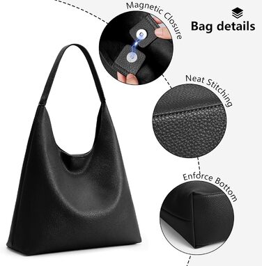 Сумка жіноча KALIDI Shopper Hobo з PU шкіри, чорна, велика для роботи, школи, повсякденна з кнопкою