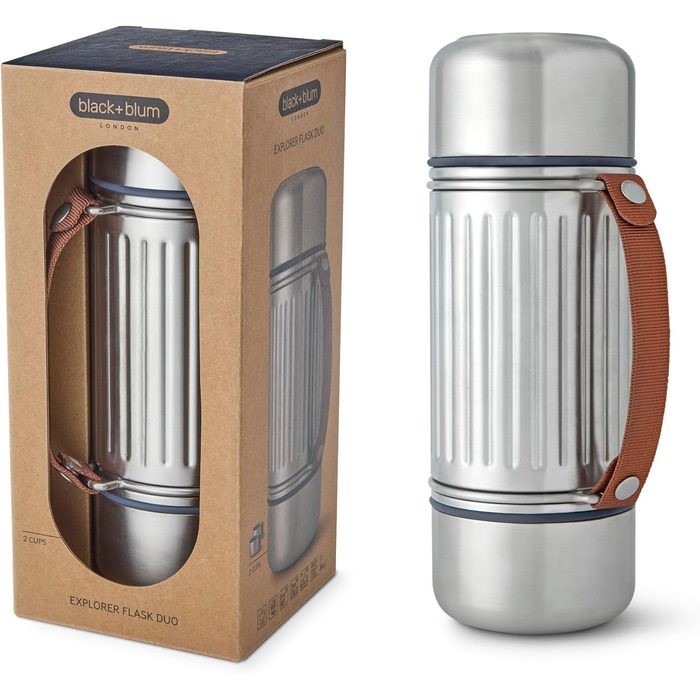 Термос Explorer Flask Duo Black + Blum: вакуумна ізольована фляга з нержавіючої сталі, 2 чашки, 24 години термальна ізоляція