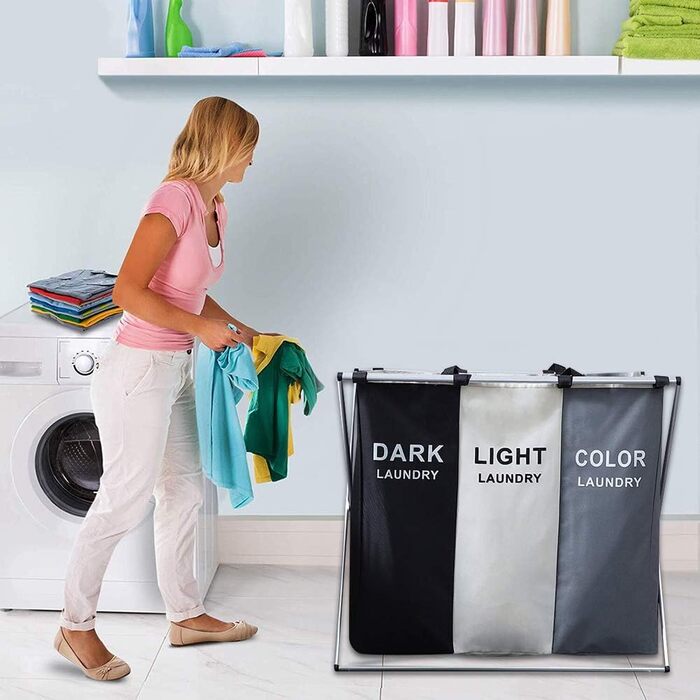 UHAPEER Laundry Basket 3 Compartments Large Foldable Dirty Clothes Basket Waterproof Laundry Collector Space Clothes Classification Light/Dark/Dyed (68 * 38 * 60cm, 3 Compartments)
