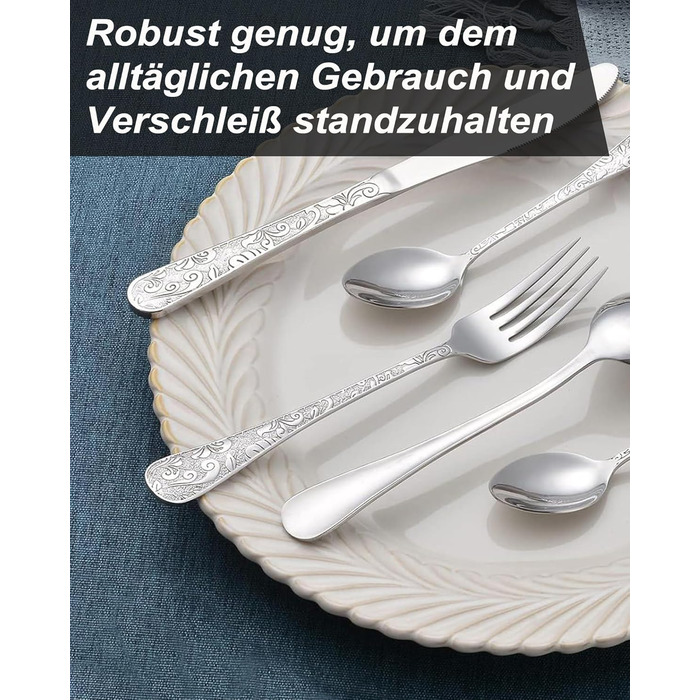 Набір столових приборів Vintage з різьбленням на 6 осіб, нержавіюча сталь, сріблястий (24 предмети) - ложки, виделки, ножі для дому та кухні, поліровані