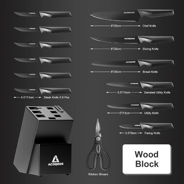 ACOQOOS 14-Piece Knife Set with Block and Sharpener - Professional Kitchen Knife Set, Black