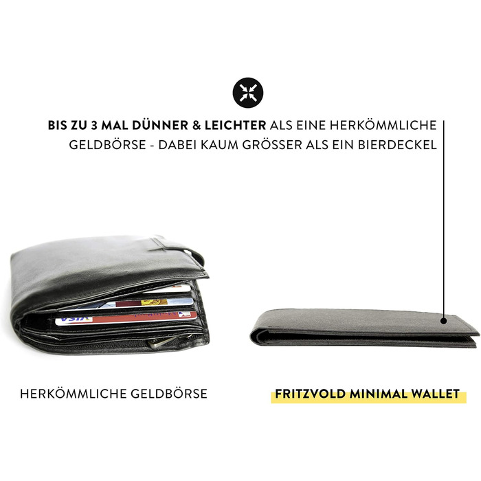 FRITZVOLD MINIMAL Wallet, RFID Protection & Expanded Coin Pocket, Small, Thin Wallet for Men, Extremely Flat Wallet, Slim Wallet, Wallet made of Washable Paper Leather, Black
