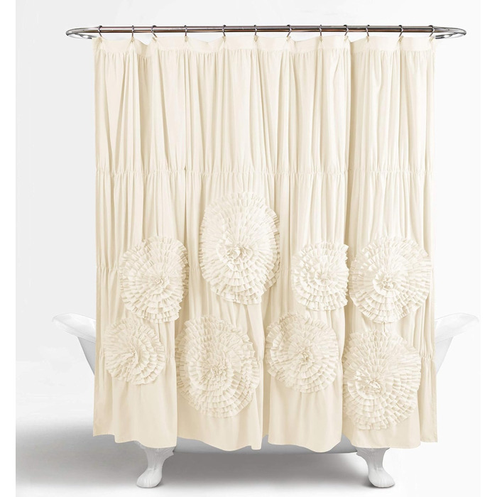 Шторка для душу Lush Decor Serena з рюшами, 183 x 183 см – квітковий дизайн з рюшами, розкішна, вінтажний гламур, стиль кантрі, кольору слонової кістки