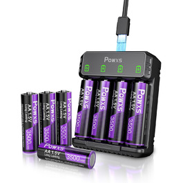 Акумулятори POWXS 8x 3500mAh AA Lithium з 8-порідним швидким зарядним пристроєм з LCD-дисплеєм | Швидка зарядка та стабільна напруга 1.5V | Для геймпадів, LED-ліхтарів, пультів дистанційного керування