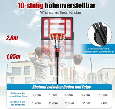 Баскетбольний кошик GOPLUS Outdoor з регульованою висотою 105-260 см, на стійкій підставці з колесами, для дітей та юнаків