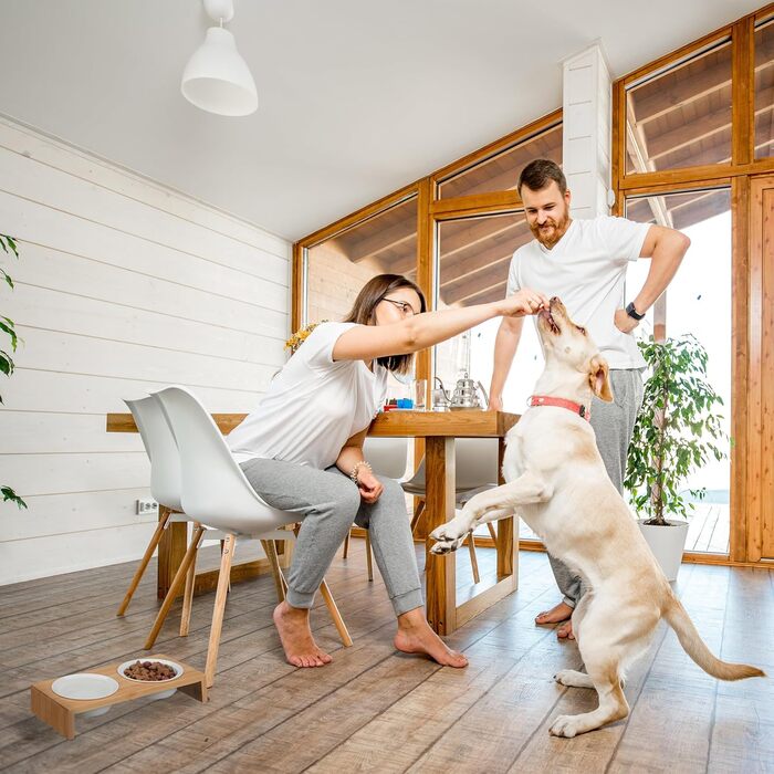 Станція для корму для собак Relaxdays, годівниця для собак з 2 мисками по 270 мл, бамбук та кераміка, стійка для мисок, придатна для миття в посудомийній машині, колір: природа/білий