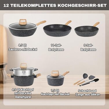 Набір каструль та сковорідок MDHAND з антипригарним покриттям, 12 предметів, чорний граніт, індукційне дно, без PFOA та PFOS