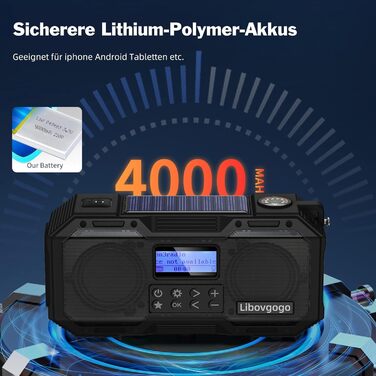 Портативне радіо Libovgogo DF-588D DAB+ FM з Bluetooth, водонепроникний корпус, сонячна панель, Powerbank 4000mAh, ліхтарик, стробоскоп, нічник, будильник