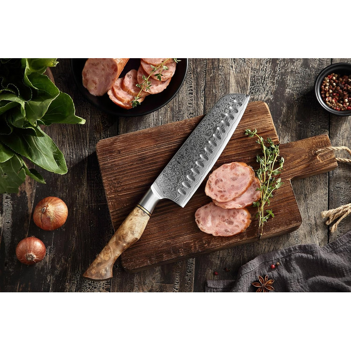 HEZHEN Кухонний ніж Gyuto 21см з дамаської сталі VG10, преміум якість, з ручкою з берези, для дому та ресторану