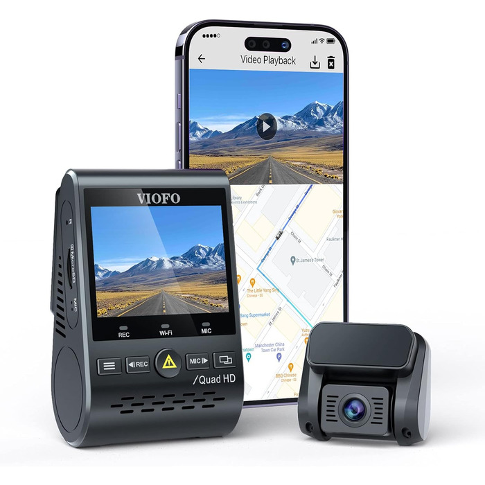 Відеореєстратор VIOFO A129 Plus Duo з двома камерами, GPS, WiFi, 2K (1440P) та 1080P, запис спереду та ззаду, моніторинг через додаток, G-сенсор, режим паркування, надсилання у випадку надзвичайної ситуації, Superkondensator