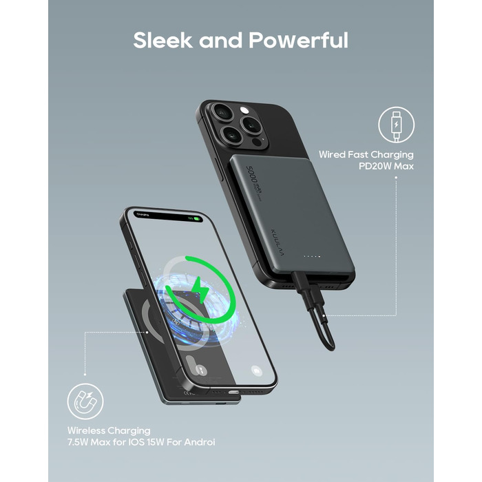 Power Bank Magsafe 5000mAh, 8mm, Gray - Бездротовий акумулятор для iPhone 16/15/14 серії, PD 20W USB-C, 8mm