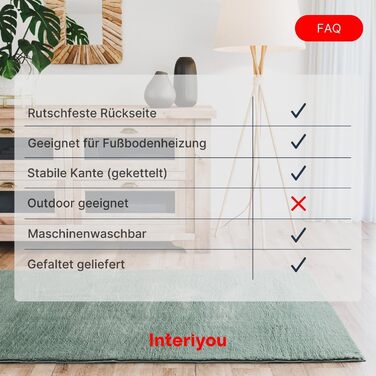 Килимок для вітальні Interiyou Fargo 80x150 см - короткий ворс, миючий, неслизький, штучне хутро, м'який ворс (зелений)