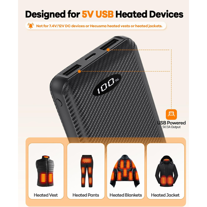 Powerbank для підігрівальної жилетки 5V 3A 12000mAh USB, сумісний з Techstuph, vapesoon, burngogo (не для жилеток 7.4V/12V DC), чорний