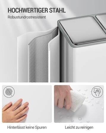 Відро для сміття з сортуванням 60 л, нержавіюча сталь, з педаллю, 2 відділення, SW06099E (біле)