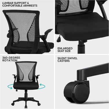 Офісне крісло Yaheetech ергономічне, комп'ютерне крісло з сітчастою спинкою, крісло для офісу з підлокітниками, крісло керівника з сітки, регульоване по висоті, вантажопідйомність 136 кг, дихаюче, функція гойдання (Чорний, відкидні підлокітники)