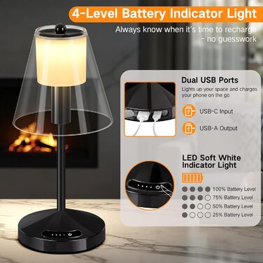 OUTON Бездротова LED-лампа настільна з торканням, регулювання яскравості, 3 режими кольору (3000K–6000K), акумулятор 4000mAh, USB-C, до 120 годин роботи, пам'ять, для спальні, бару та декору, чорна
