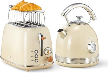Wiltal Retro 2-Slice Toaster, 6 Adjustable Browning Levels, with High-Quality Bun Warmer, Warming-Defrost-Cancel Function, Countdown Display (milky)