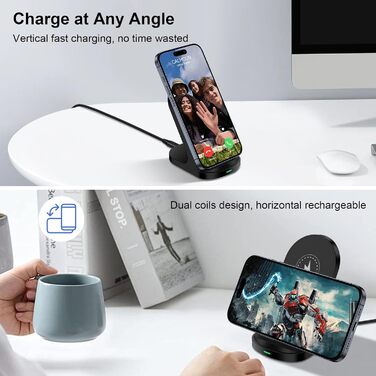 Бездротовий зарядний пристрій 15W Stand для Samsung Galaxy S25/S24/S23/S22/S21 FE та iPhone 16/15/14, Google Pixel 9/8/7/6 (Білий/Чорний)