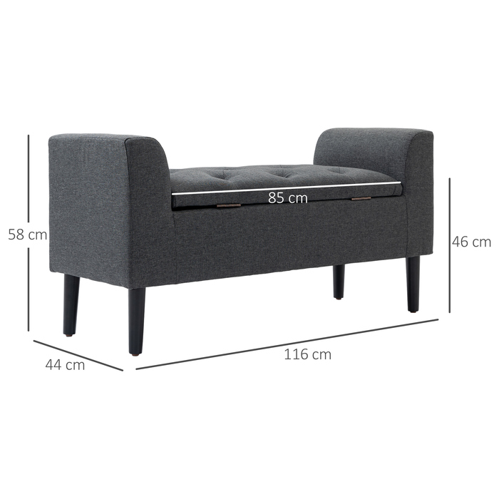 HOMCOM Storage Bench with Cushion, Ottoman, Storage Stool, Chest Seat, Load Capacity up to 130 kg, Linen-Touch Dark Grey, 116 x 44 x 58 cm for Entryway & Living Room