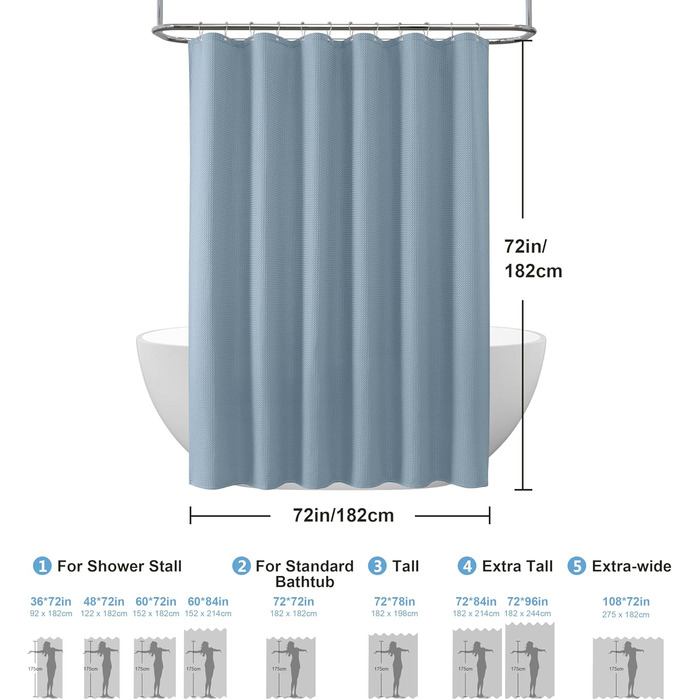 Штора для ванної кімнати Waffel з кільцями, 182x182 см, біла (вафельний малюнок, блакитний місячне світло), водовідштовхувальна, антигрибкова