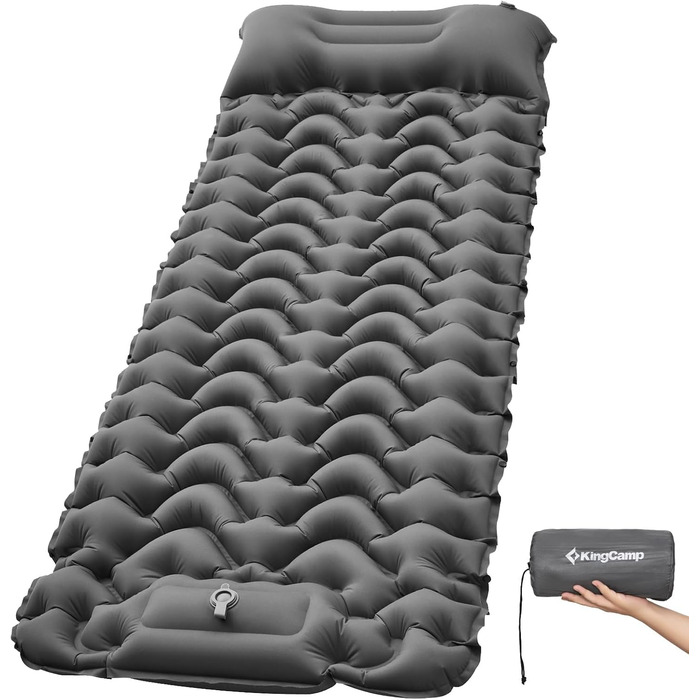 KingCamp Self-Inflating Sleeping Pad with Foot Pump, 1 Person Air Mattress with Integrated Headrests, Outdoor Ultralight Camping Mat, Small Pack Size, for Camping, Hiking, Trekking (Dark Gray)