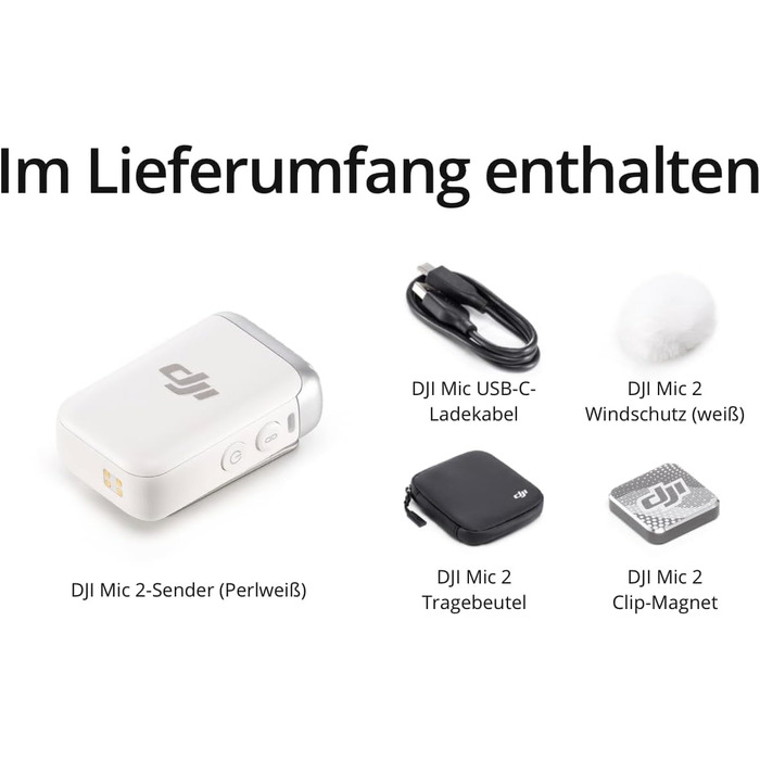 Беспроводной петличный микрофон DJI Mic 2 (Perlweiß) с Bluetooth, шумоподавлением, 48 кГц/32-bit Float, дальность 250 м для камеры, телефона, видеоблога
