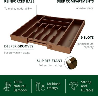 Органайзер для столових приладів ROYAL CRAFT WOOD з бамбука, 9 відділень (20x17.5 см), коричневий