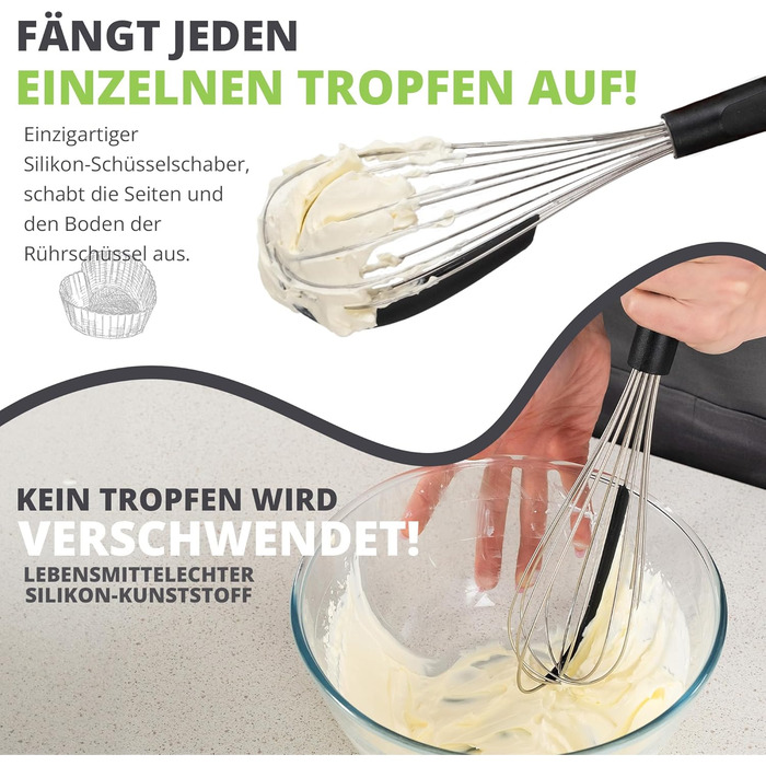 Віскер Oliver's Kitchen® з нержавіючої сталі з інтегрованим силіконовим скребком - ідеальний для випічки та приготування їжі. Спіральний віскер, зручна ручка, легко миється.