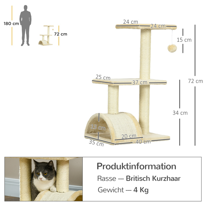 PawHut Дряпка для котів 72 см, котячий комплекс з плюшевими кульками, сизалевими стовпами, платформою, дряпалкою, багатоярусна котяча дряпка, кігтеточка, для середніх котів, кремово-білий | Aosom