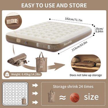 Надувний матрац Naturehike Luftbett 3 місця з насосом 200x180x25 см - для кемпінгу, дому, подорожей. Самонадувний, портативний, великий, коричневий